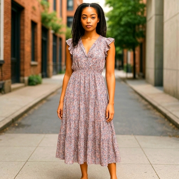 BB Dakota Steve Madden Blue and Pink Floral Canyon Midi Dress PRAIRIE WOODSY L - Picture 1 of 10